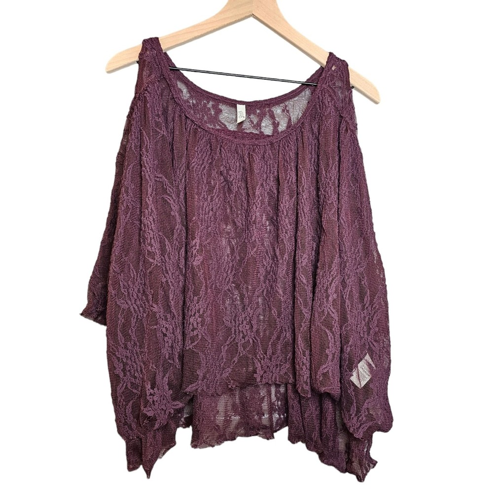 Free People Deep Purple Cold Shoulder Lace Top Blouse - Small